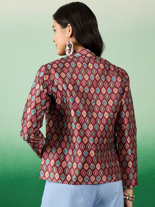 Women Printed Trendy Mulberry Silk Multicolored Front Open Blazer