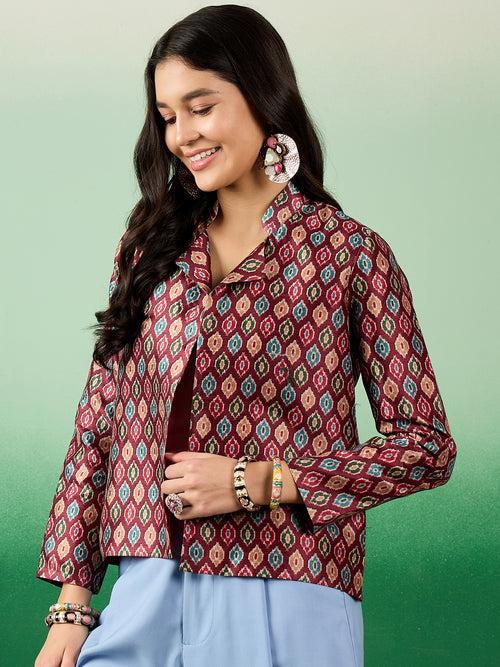 Women Printed Trendy Mulberry Silk Multicolored Front Open Blazer