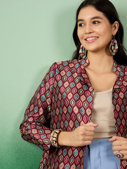 Women Printed Trendy Mulberry Silk Multicolored Front Open Blazer