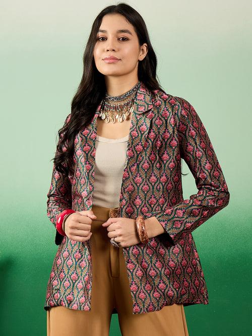 Women's Mulberry Silk Multicolored Printed Blazer