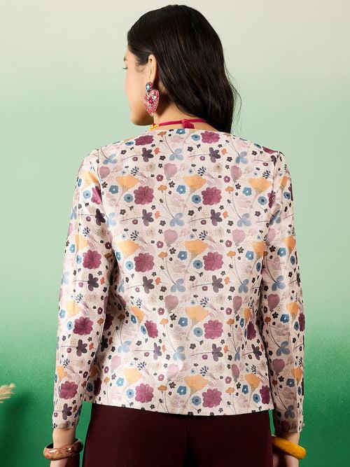 Women Printed Multicolor Mulberry Silk Front Open Blazer