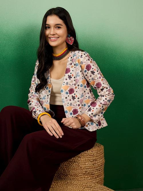 Women Printed Multicolor Mulberry Silk Front Open Blazer