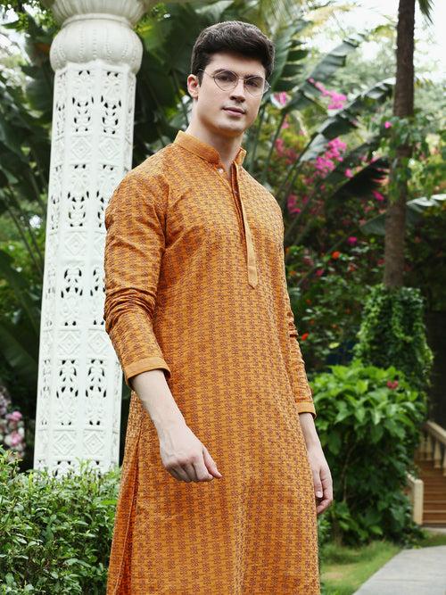 Men's Designer Mustard Coloured Chikankari Work Wedding Collection Kurta With Pyjamas By Sanwara