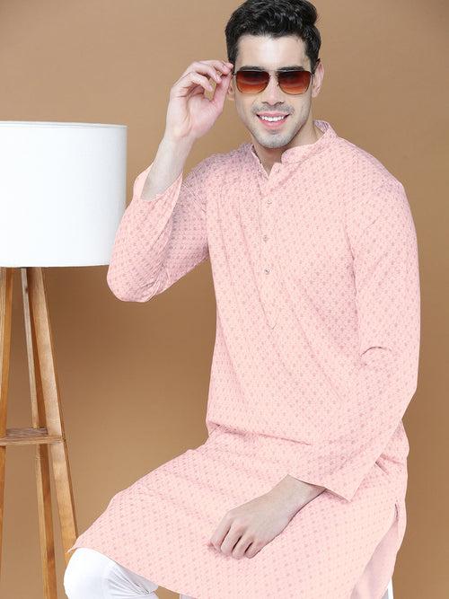 Men's Cotton Light Pink Printed Cotton Summer Trendy Kurta Set