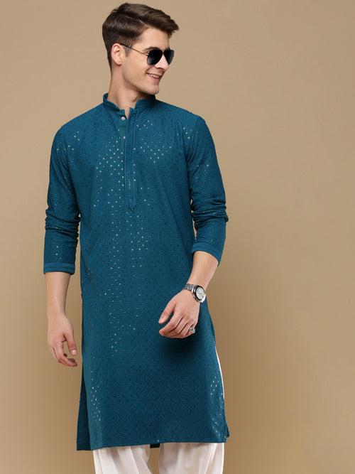 Unleash Your Style With Men's Firozi Cotton Sequins Kurta Set by Sanwara