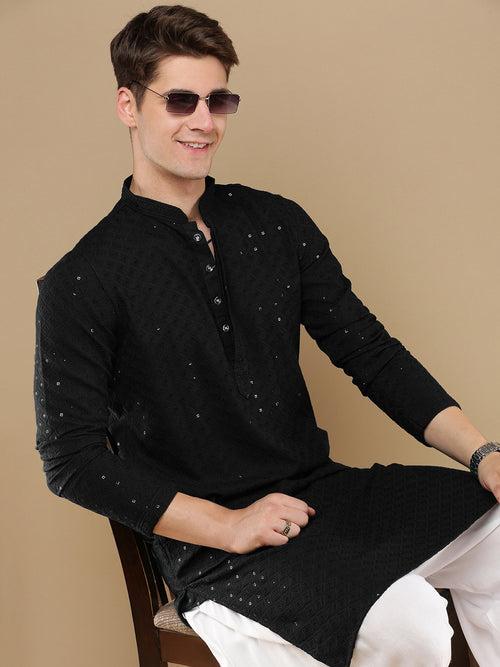 Unleash Your Style With Men's Black Cotton Sequins Kurta Set by Sanwara