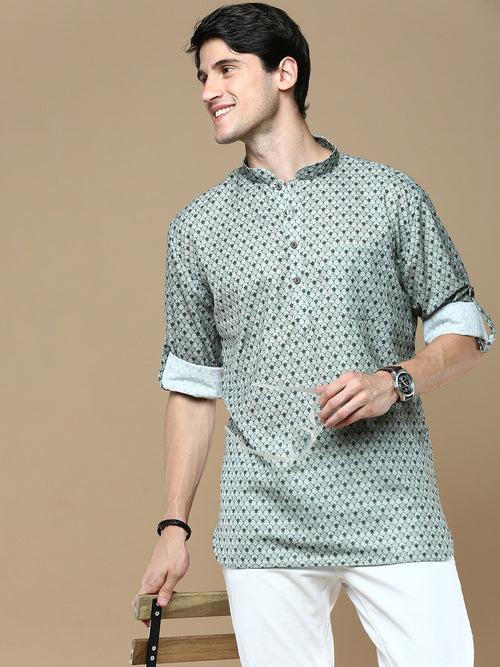 Sanwara Men's Cotton Green Printed Trendy Stylish Short Kurta