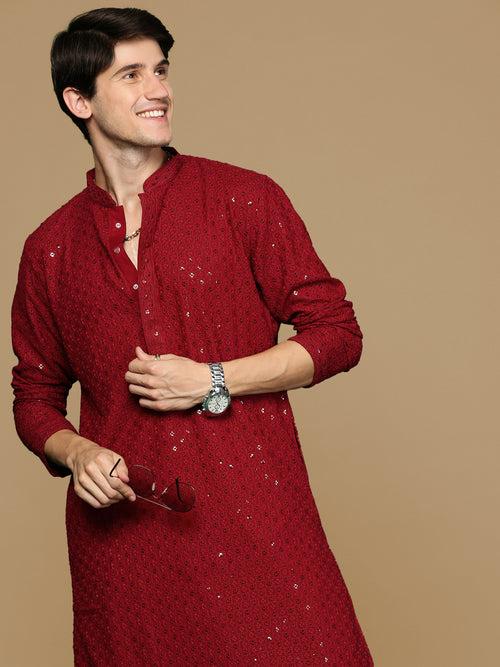 Sanwara Maroon Shimmering Elegance Men's Chikankari Kurta with Sequins