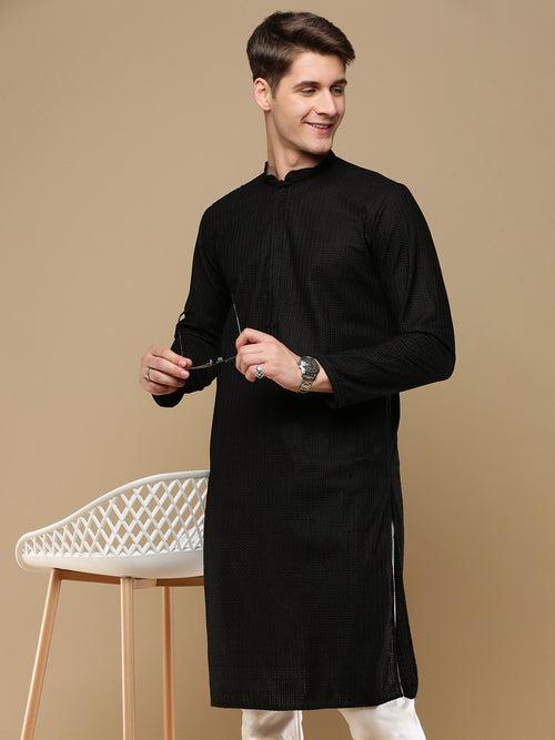 Unleash Your Style With Men's Black Cotton Chikankari Designer Kurta Set by Sanwara