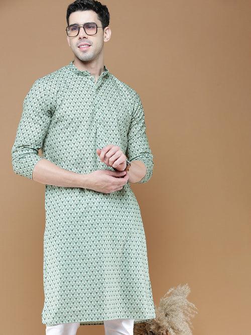 Men's Cotton Green Printed Cotton Summer Trendy Kurta Set