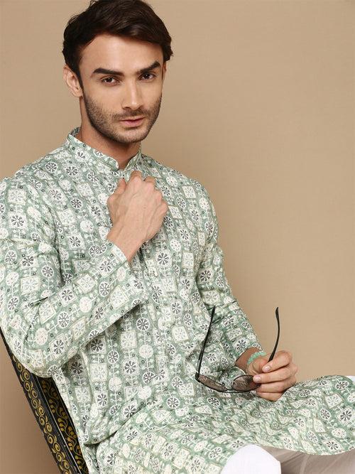 Sanwara Men's Trendy Motifs Green Printed Cotton Stylish Kurta Set
