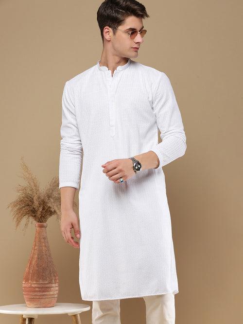 Unleash Your Style With Men's White Cotton Chikankari Designer Kurta Set by Sanwara