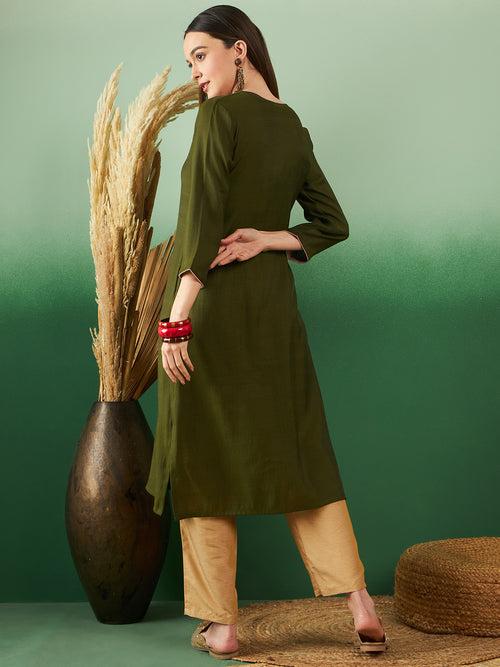 Womens Solid Olive Green Designer Work Trendy Stylish Kurti