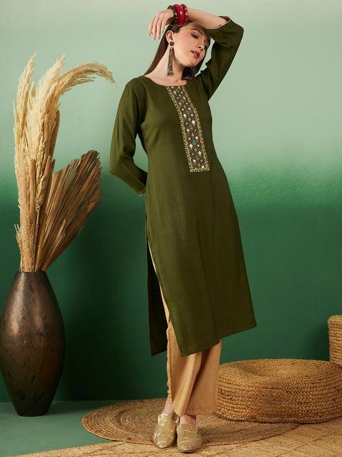 Womens Solid Olive Green Designer Work Trendy Stylish Kurti