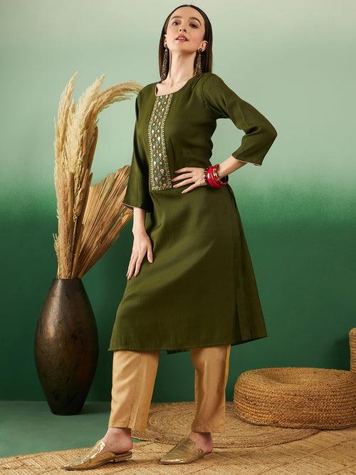 Womens Solid Olive Green Designer Work Trendy Stylish Kurti