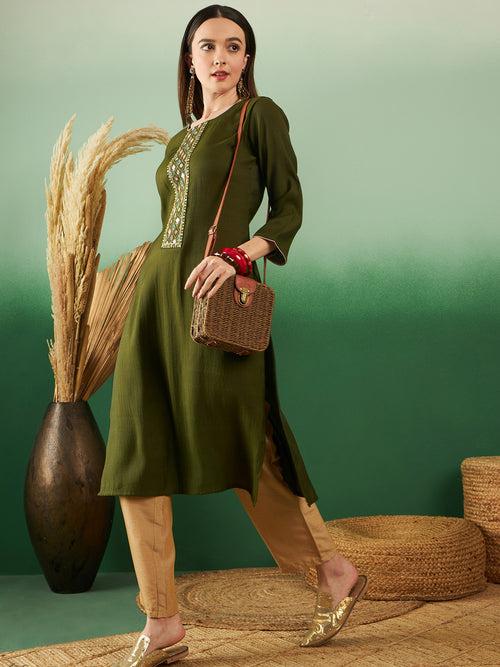 Womens Solid Olive Green Designer Work Trendy Stylish Kurti