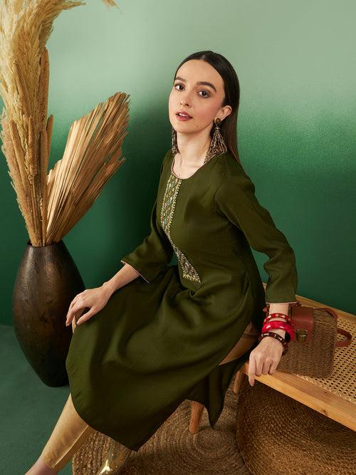 Womens Solid Olive Green Designer Work Trendy Stylish Kurti