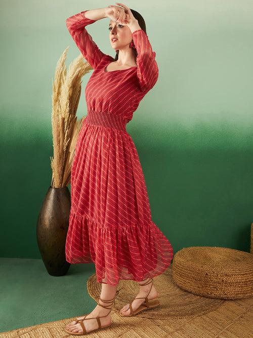 Womens Stripe Print Chiffon Red Trendy Stylish Dress