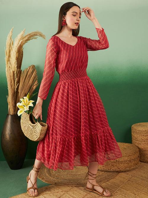 Womens Stripe Print Chiffon Red Trendy Stylish Dress