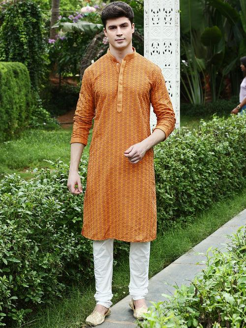 Men's Designer Mustard Coloured Chikankari Work Wedding Collection Kurta With Pyjamas By Sanwara