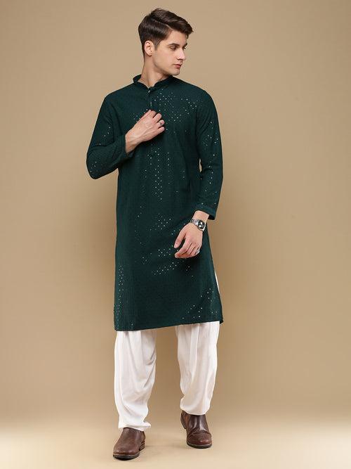 Unleash Your Style With Men's Deep Green Cotton Sequins Kurta Set by Sanwara