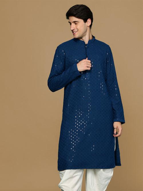 Sanwara Firozi Shimmering Elegance Men's Chikankari Kurta with Sequins