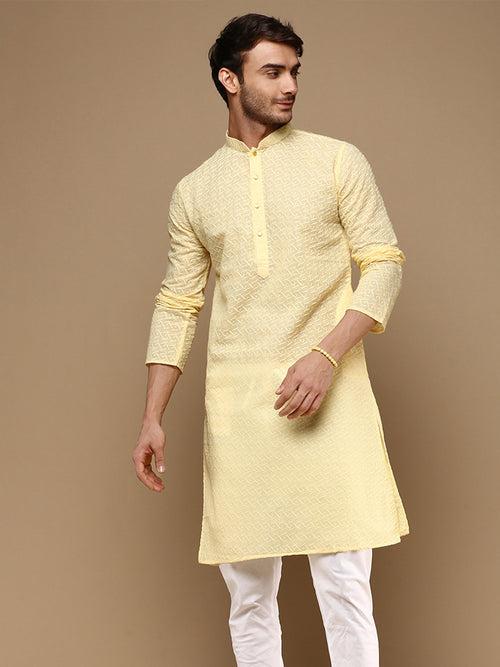 Chic & Classic Men's Solid Light Yellow Chikankari Designer Cotton Kurta By Sanwara