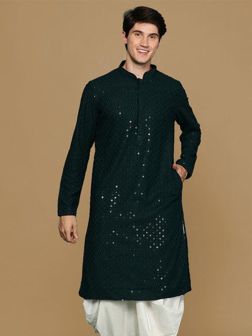 Sanwara Deep Green Shimmering Elegance Men's Chikankari Kurta with Sequins