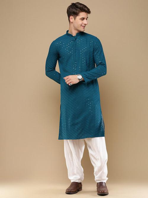 Unleash Your Style With Men's Deep Firozi Cotton Sequins Kurta Set by Sanwara