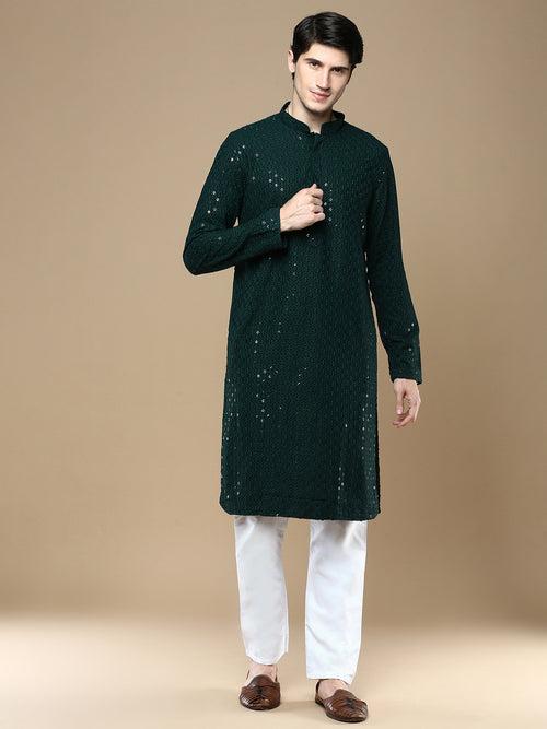 Sanwara Deep Green Shimmering Elegance Men's Chikankari with Sequins Kurta Set