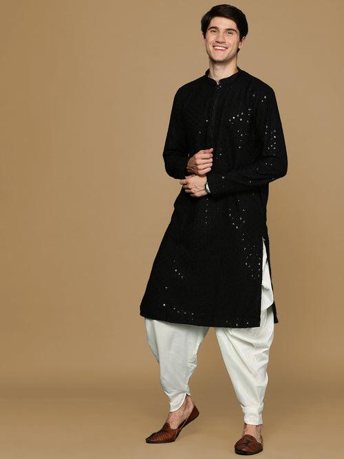 Sanwara Black Shimmering Elegance Men's Chikankari with Sequins Kurta Set