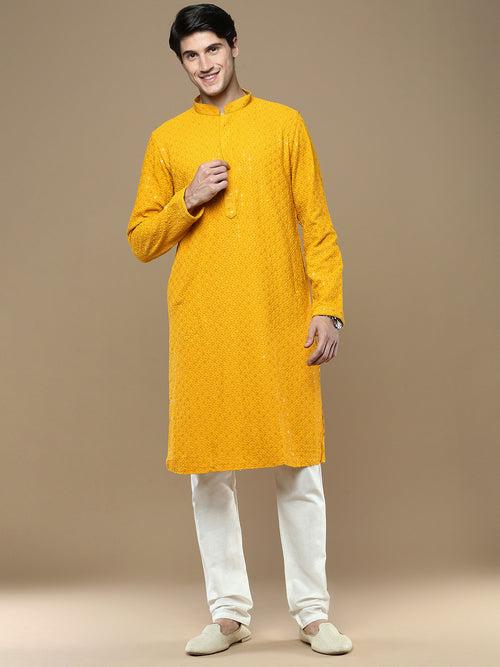 Sanwara Mustard Shimmering Elegance Men's Chikankari with Sequins Kurta Set