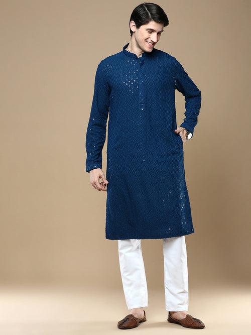 Sanwara Firozi Shimmering Elegance Men's Chikankari with Sequins Kurta Set