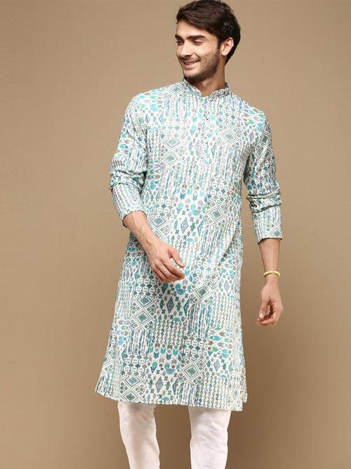 Sanwara Men's Trendy Motifs Firozi Printed Cotton Stylish Kurta