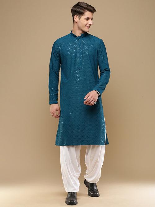 Unleash Your Style With Men's Firozi Cotton Sequins Kurta Set by Sanwara