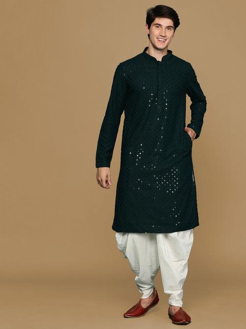 Sanwara Deep Green Shimmering Elegance Men's Chikankari with Sequins Kurta Set