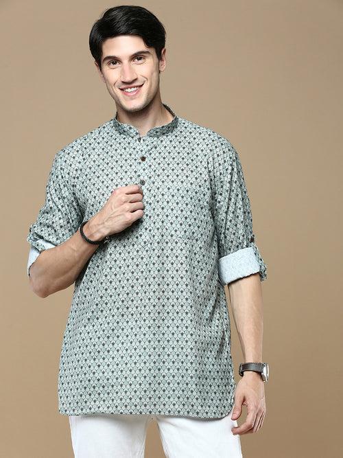 Sanwara Men's Cotton Green Printed Trendy Stylish Short Kurta