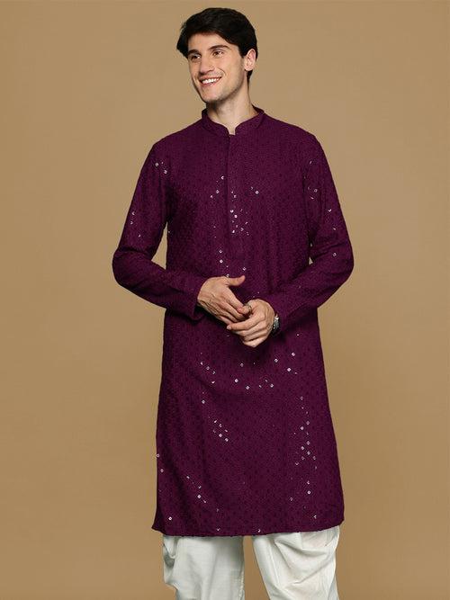 Sanwara Purple Shimmering Elegance Men's Chikankari Kurta with Sequins