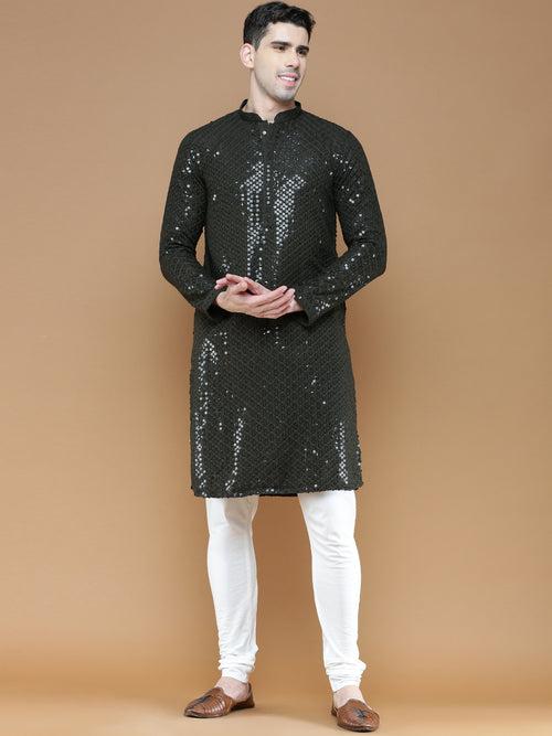 Men's Sequins Olive Chikankari Party Wear Cotton Kurta With Pyjama