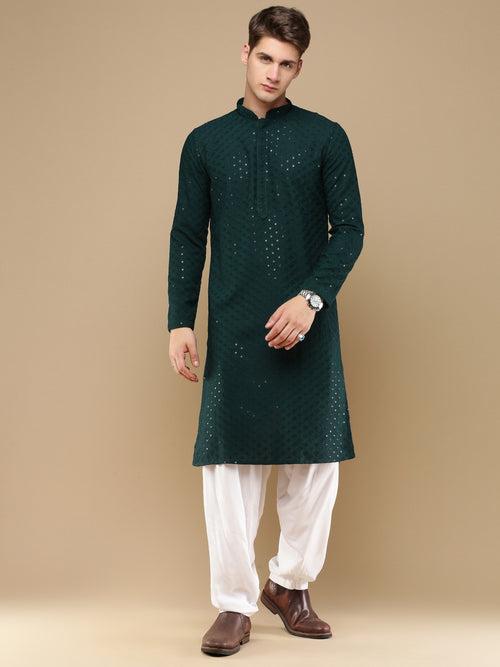 Unleash Your Style With Men's Deep Green Cotton Sequins Kurta Set by Sanwara