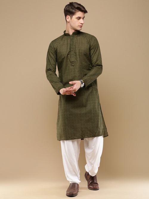 Unleash Your Style With Men's Mehandi Cotton Chikankari Designer Kurta Set by Sanwara