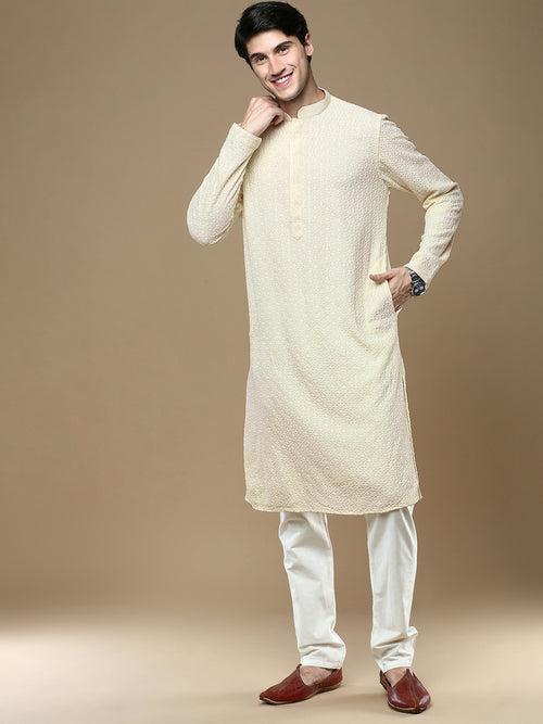 Sanwara Off White Shimmering Elegance Men's Chikankari with Sequins Kurta Set