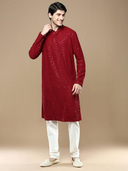 Sanwara Maroon Shimmering Elegance Men's Chikankari with Sequins Kurta Set