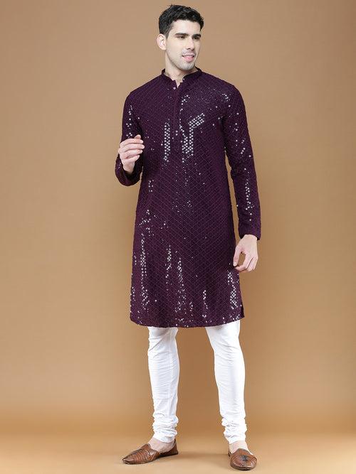 Men's Sequins Purple Chikankari Party Wear Cotton Kurta With Pyjama