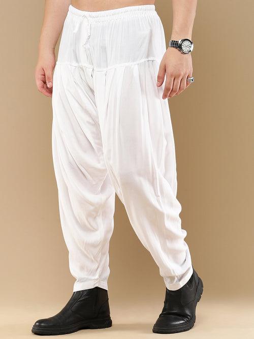 Sanwara Men's Fusion Wear Solid White Rayon Patiala Salwar