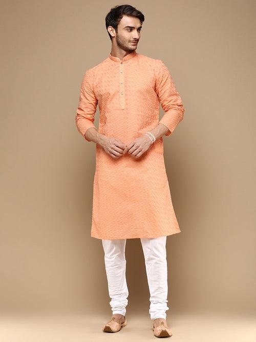 Chic & Classic Men's Solid Orange Chikankari Designer Cotton Kurta Set By Sanwara