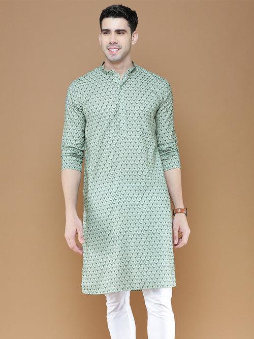 Men's Cotton Green Printed Trendy Stylish Kurta
