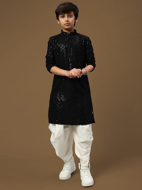 Dapper & Dazzling Boys Solid Black Chikankari With Sequins Party Wear Cotton Kurta Set By Sanwara