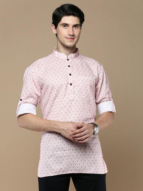 Sanwara Men's Cotton Pink Printed Trendy Stylish Short Kurta