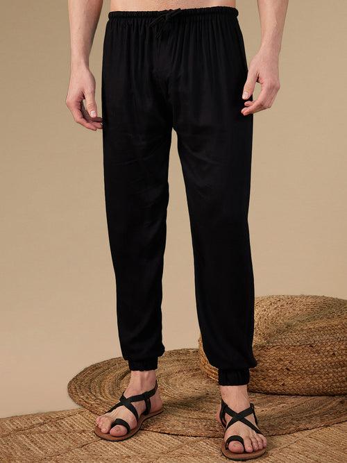 Sanwara Men's Fusion Wear Solid Black Rayon Jogger Pant